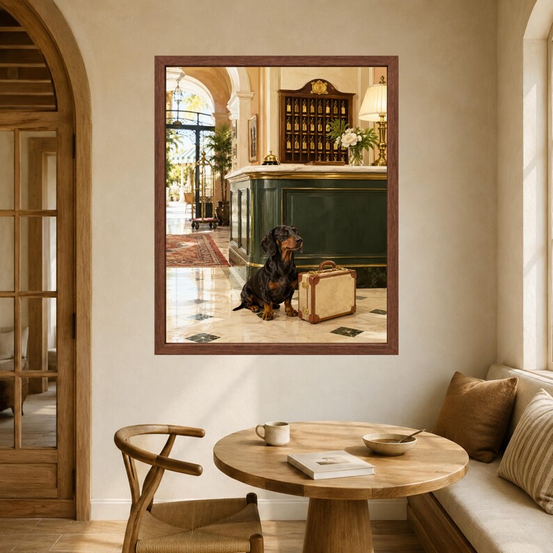 May include: A framed wall art print depicting a black and tan dachshund sitting on a marble floor next to a vintage-style beige suitcase. The scene is set in a hotel lobby with a dark green reception desk, a key rack, and a lamp in the background.