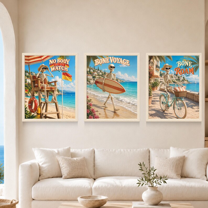 Funny Skeleton Surfer Poster, Retro Beach Art, Coastal Decor (Digital Download) image 10