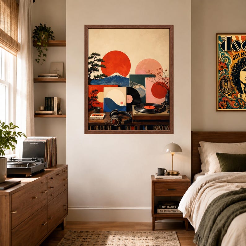 May include: A framed wall art print featuring a stylized Japanese landscape with a large red sun, Mount Fuji, and a bonsai tree. The artwork incorporates vinyl records, a turntable, and headphones, blending musical elements with traditional imagery.