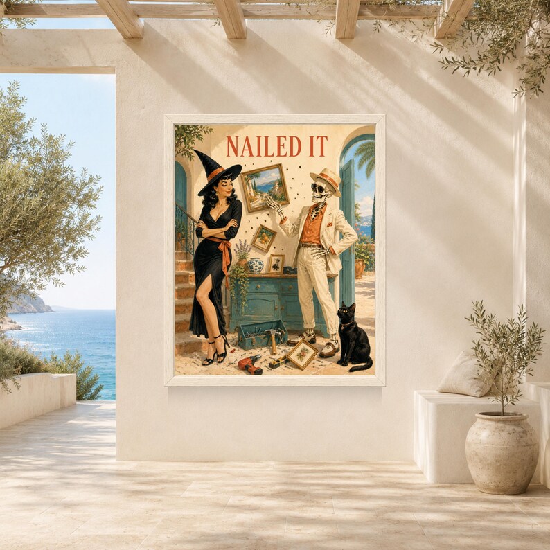 May include: A rectangular wall art print titled NAILED IT featuring a woman in a black dress and witch hat standing next to a skeleton wearing a beige suit and hat. A black cat sits nearby, and tools are scattered on the ground in front of a blue cabinet.