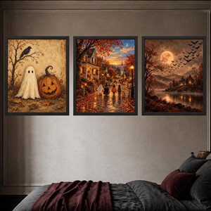 Lámina decorativa de un acogedor pueblo de Halloween, niños pidiendo dulces, calle otoñal (descarga digital) imagen 9