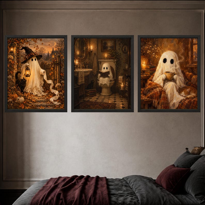 Gothic Ghost Reading on Toilet Print, Black Cat Bathroom Art (Digital Download) image 9