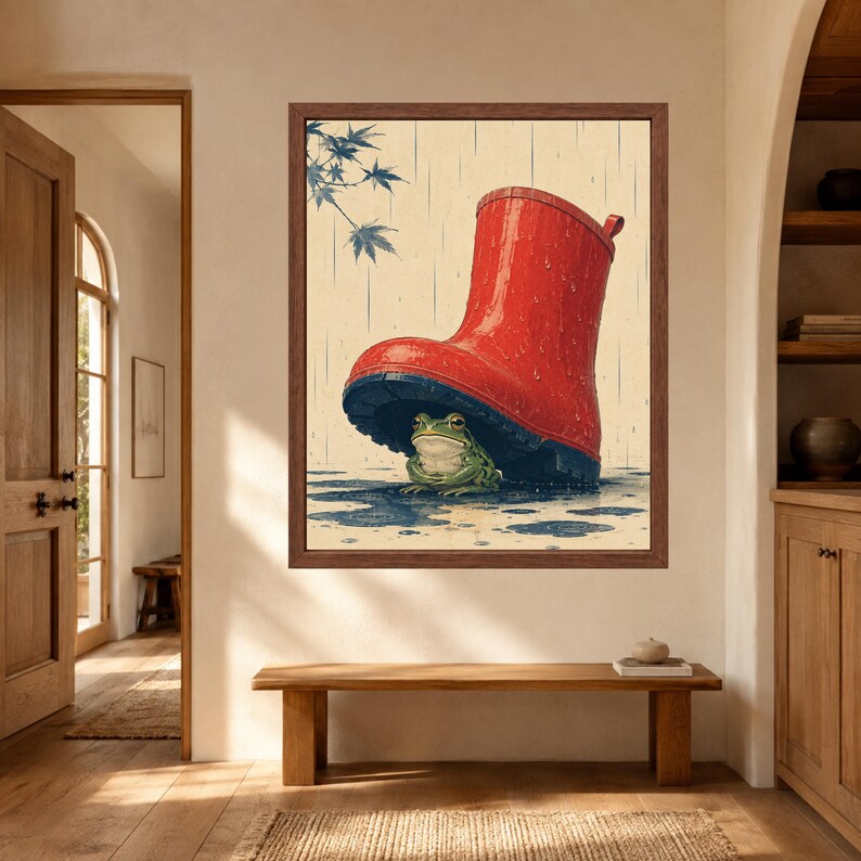 Japanese Woodblock Frog Under Red Boot Print, Whimsical Animal Art (Digital Download) image 8