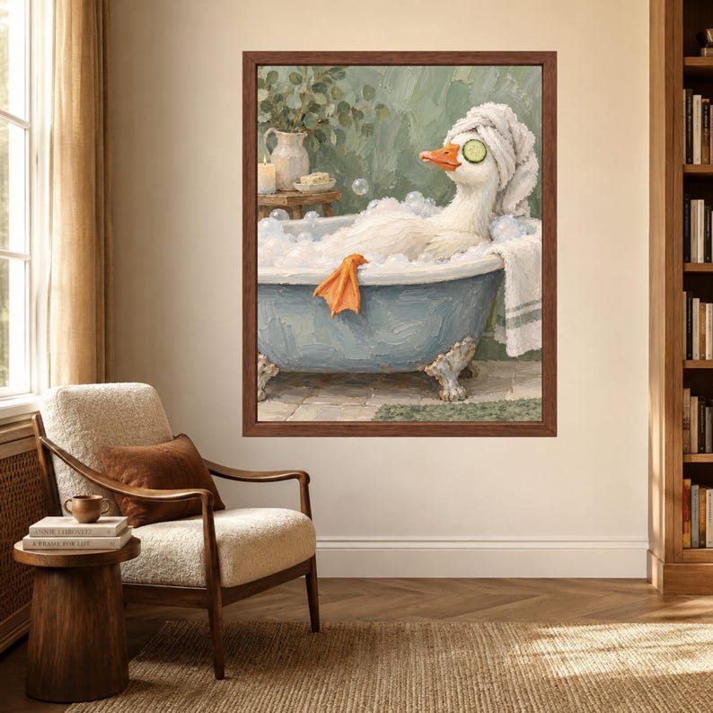 Spa Duck Bath Print, Cucumber Eyes, Sage Green Bathroom Art (Digital Download) image 3