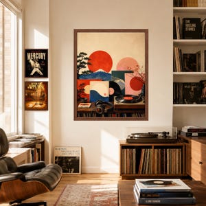 May include: A framed wall art print featuring a stylized landscape with a large red sun, Mount Fuji, a bonsai tree, and a vinyl record player with headphones. The artwork incorporates geometric shapes and warm tones, displayed in a brown wooden frame.
