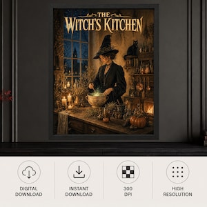 Może przedstawiać: Oprawiony wydruk ścienny zatytułowany THE WITCH'S KITCHEN przedstawiający osobę w czarnym kapeluszu i szacie mieszającą świecący garnek w rustykalnym pomieszczeniu ze świecami, ziołami, czarnym kotem i dyniami przy oknie.