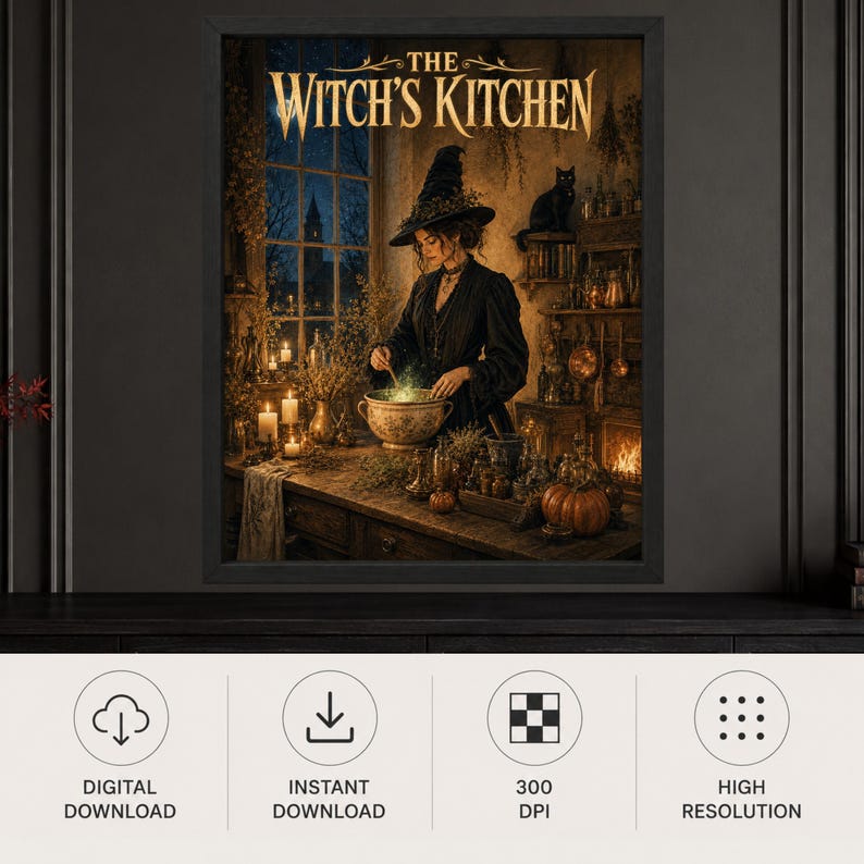 Może przedstawiać: Oprawiony wydruk ścienny zatytułowany THE WITCH'S KITCHEN przedstawiający osobę w czarnym kapeluszu i szacie mieszającą świecący garnek w rustykalnym pomieszczeniu ze świecami, ziołami, czarnym kotem i dyniami przy oknie.