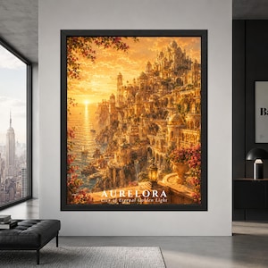 Framed Aurelora fantasy city wall art showing an ornate golden coastal kingdom built into seaside cliffs with palace towers, arched bridges, flowers, waterfalls and sailing boats at sunset.