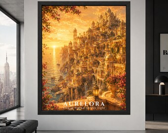 Fantasy Golden City Wall Art, Coastal Kingdom Poster, Sunset Cityscape Print, Aurelora, Digital Download
