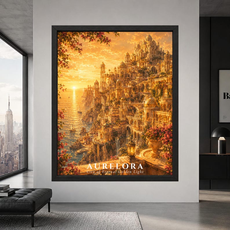 Framed Aurelora fantasy city wall art showing an ornate golden coastal kingdom built into seaside cliffs with palace towers, arched bridges, flowers, waterfalls and sailing boats at sunset.