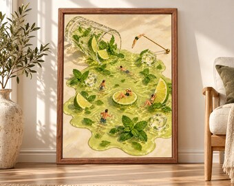 Arte surrealista de mojito para piscina, lámina de cóctel de lima y menta, decoración para carrito de bar (descarga digital)