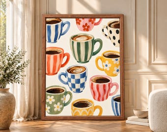 Colorful Coffee Mugs Wall Art, Retro Kitchen Print, Hand-Painted Style (Digital Download)