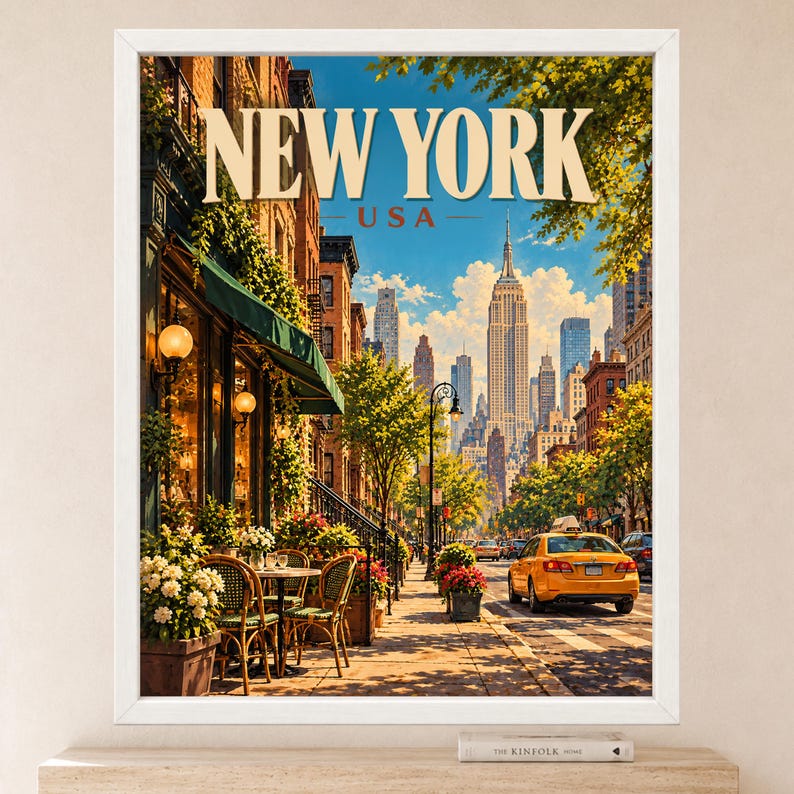 May include: A framed wall art print depicting a New York City street scene with the text NEW YORK USA at the top. The image shows a sidewalk cafe with green awnings, tables, and chairs, a yellow taxi on the road, and the Empire State Building.