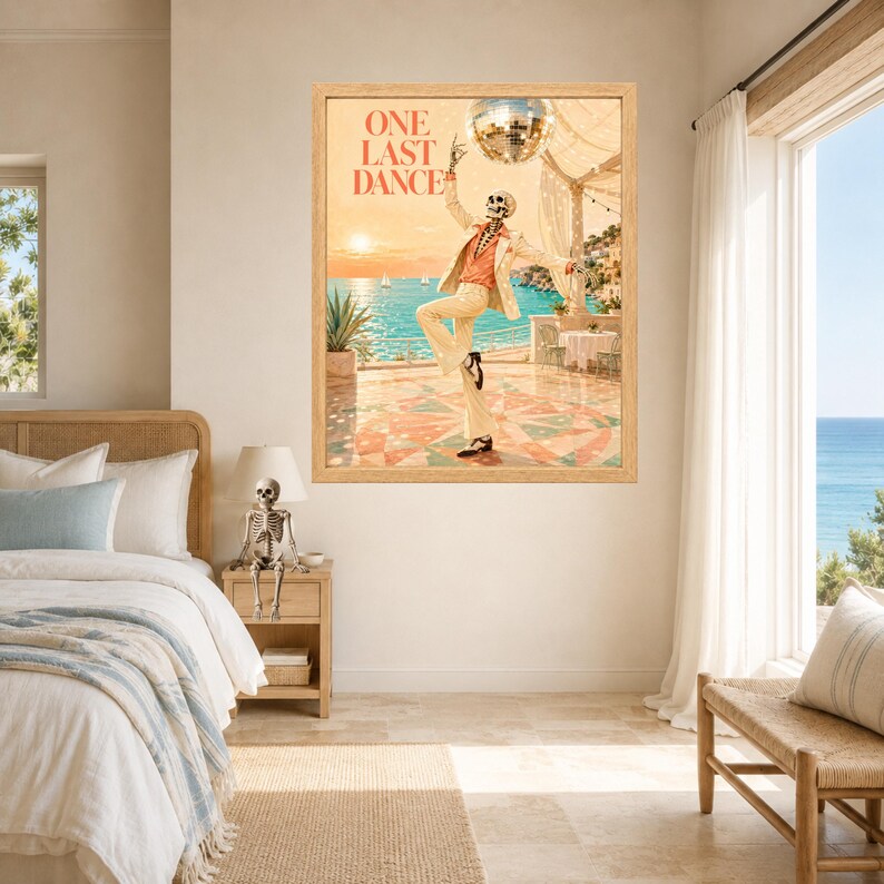 May include: A framed wall art print titled ONE LAST DANCE featuring a skeleton wearing a light-colored suit and orange shirt, dancing on a terrace overlooking the ocean at sunset with a disco ball hanging above in a warm, coastal setting.