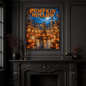 May include: A framed wall art print titled PUMPKIN HOLLOW featuring a night scene of a town square filled with glowing orange jack-o'-lanterns, a central scarecrow figure holding a lantern, and dark buildings under a full moon and starry sky.
