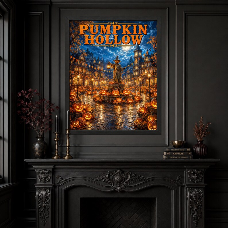 May include: A framed wall art print titled PUMPKIN HOLLOW featuring a night scene of a town square filled with glowing orange jack-o'-lanterns, a central scarecrow figure holding a lantern, and dark buildings under a full moon and starry sky.