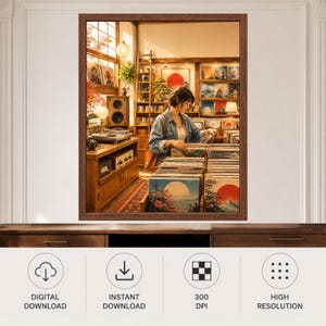 May include: A framed wall art print depicting a record store interior with a person browsing through vinyl records. The scene features warm lighting, wooden shelves, audio equipment, and multiple album covers with red sun and landscape graphics.
