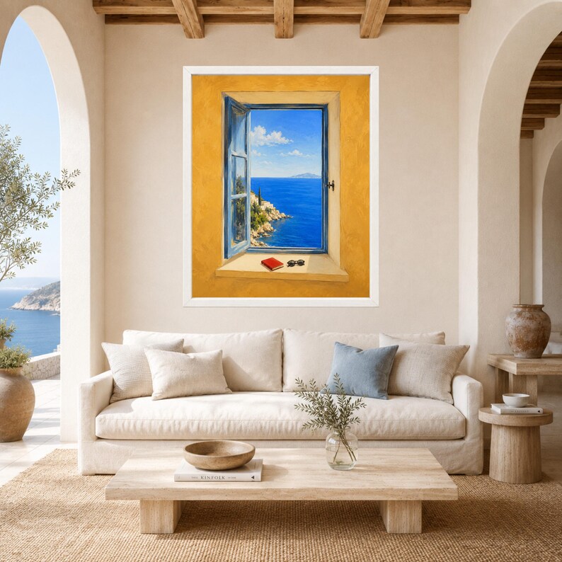 May include: A framed wall art print depicting an open window looking out onto a bright blue sea and rocky coastline. The wall surrounding the window is a warm yellow. On the window sill sits a small red book and a pair of black sunglasses.