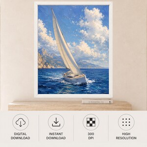 May include: A framed digital art print featuring a white sailboat navigating deep blue ocean waters under a bright sky with fluffy white clouds. The scene includes distant rocky coastal cliffs and a visible white frame surrounding the artwork.