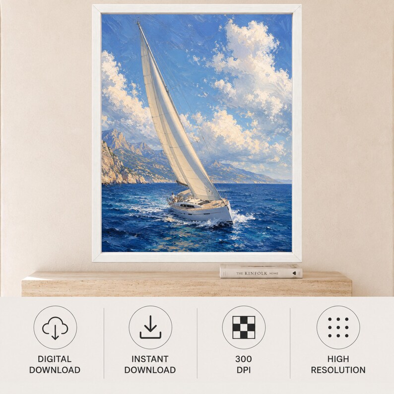 May include: A framed digital art print featuring a white sailboat navigating deep blue ocean waters under a bright sky with fluffy white clouds. The scene includes distant rocky coastal cliffs and a visible white frame surrounding the artwork.