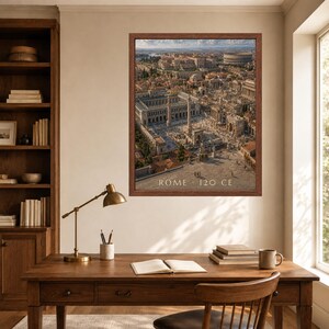 May include: A framed wall art print depicting an aerial view of ancient Rome with the text ROME 120 CE at the bottom. The image shows detailed architecture, including columns, plazas, and a large amphitheater under a bright sky.
