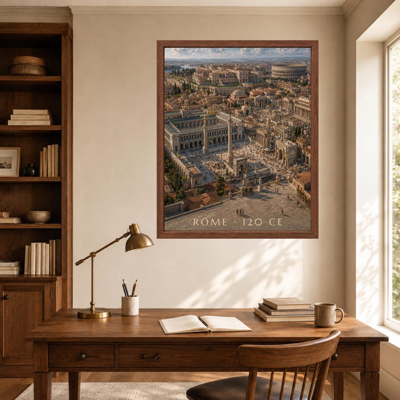 May include: A framed wall art print depicting an aerial view of ancient Rome with the text ROME 120 CE at the bottom. The image shows detailed architecture, including columns, plazas, and a large amphitheater under a bright sky.