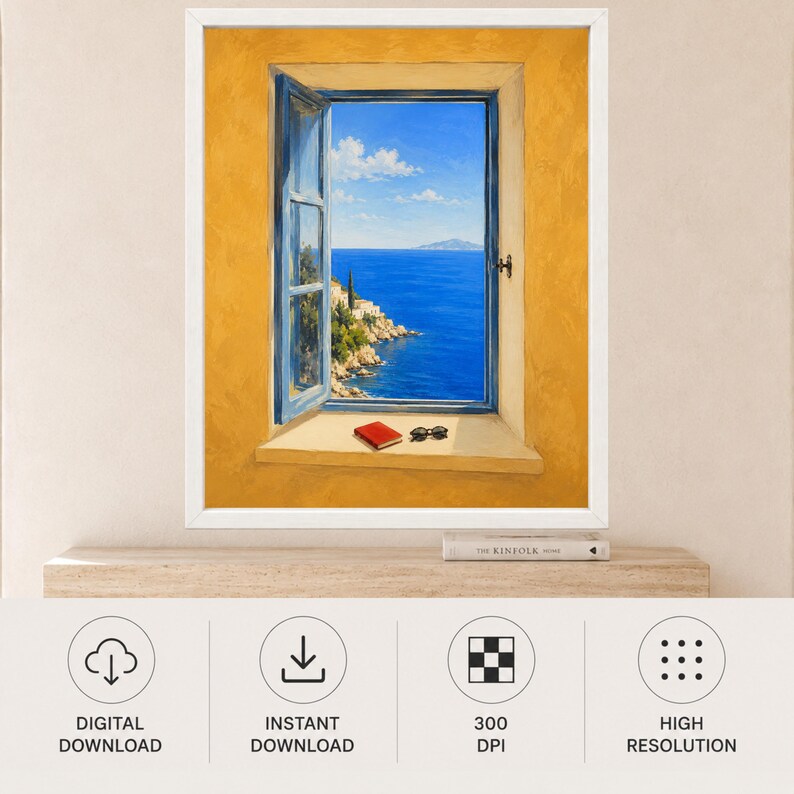 May include: A framed painting depicting an open window with a blue frame set into a textured yellow wall. Through the window, a view of the deep blue sea, a rocky coastline, and a clear sky is visible. A small red book and glasses sit on the sill.