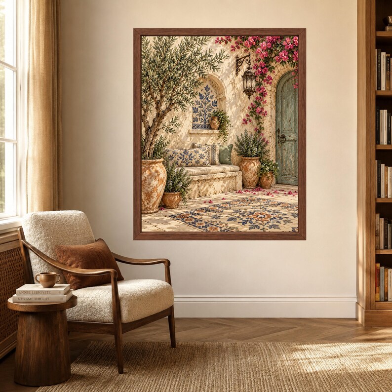 Kunstdruck „Mediterraner Olivenbaumhof“, Bougainvillea-Motiv im toskanischen Villenstil (Digitaler Download) Bild 3