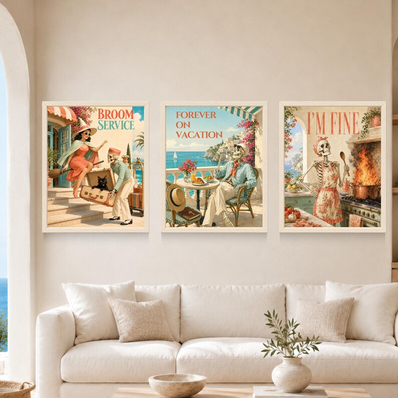 May include: A set of three framed wall art prints featuring vintage-style illustrations of skeletons. The first shows a witch and a skeleton with a suitcase and the text BROOM SERVICE. The second shows a skeleton at a table with the text FOREVER ON VACATION. The third shows a skeleton cooking with the text I'M FINE.