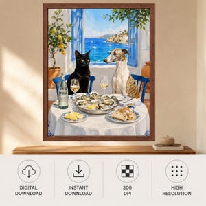Puede incluir: Una l&aacute;mina de arte enmarcada que muestra a un gato negro y un galgo atigrado sentados a una mesa redonda con una bandeja de ostras, rodajas de lim&oacute;n, pan y copas de vino, con vistas a un mar azul a trav&eacute;s de una ventana abierta.