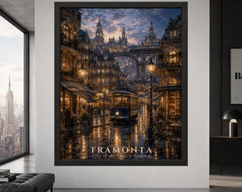 Fantasy Rainy City Wall Art, Vintage Tram Poster, Dark Academia Cityscape, Tramonta, Digital Download