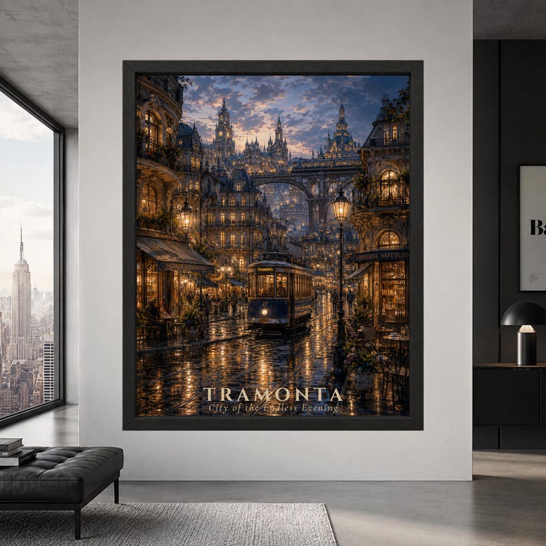 Framed Tramonta fantasy city wall art showing a blue vintage tram traveling along a rain-wet street surrounded by glowing cafés, ornate old buildings, bridges, towers and golden evening lights.