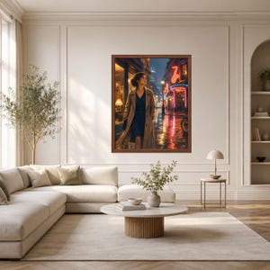 May include: A framed wall art print depicting a person in a tan trench coat walking down a wet city street at night. The scene features glowing neon signs, including a prominent saxophone shape, reflecting on the pavement in warm, vibrant colors.