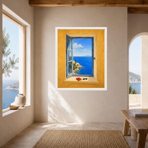 May include: A framed wall art print depicting an open window with a view of a deep blue sea, a rocky coastline, and a clear sky. On the window sill sits a small red book and a pair of black sunglasses against a vibrant yellow wall background.
