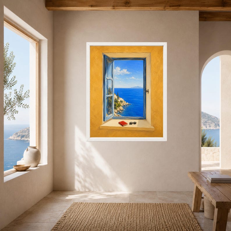 May include: A framed wall art print depicting an open window with a view of a deep blue sea, a rocky coastline, and a clear sky. On the window sill sits a small red book and a pair of black sunglasses against a vibrant yellow wall background.
