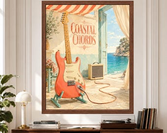 Coastal Guitar Wall Art, Mediterranean Electric Guitar Print (Digital Download)
