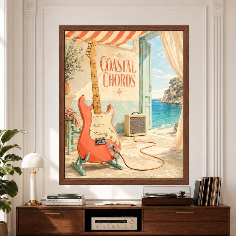 Framed Coastal Chords music wall art featuring a coral electric guitar and amplifier inside a bright Mediterranean room with turquoise doorway, flowing curtain, stone floor and vivid blue seaside view.