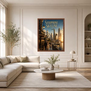 May include: A framed wall art print titled Saxophone Skyline featuring a city landscape at sunset with a large saxophone-shaped skyscraper, a waterfront, and two figures walking along a path near a building with a sign reading Blue Note.