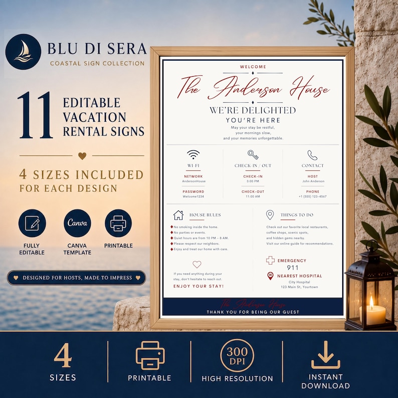 11 editable Airbnb vacation rental signs in Canva, four sizes each, featuring a printable welcome sign, 300 DPI and instant download.
