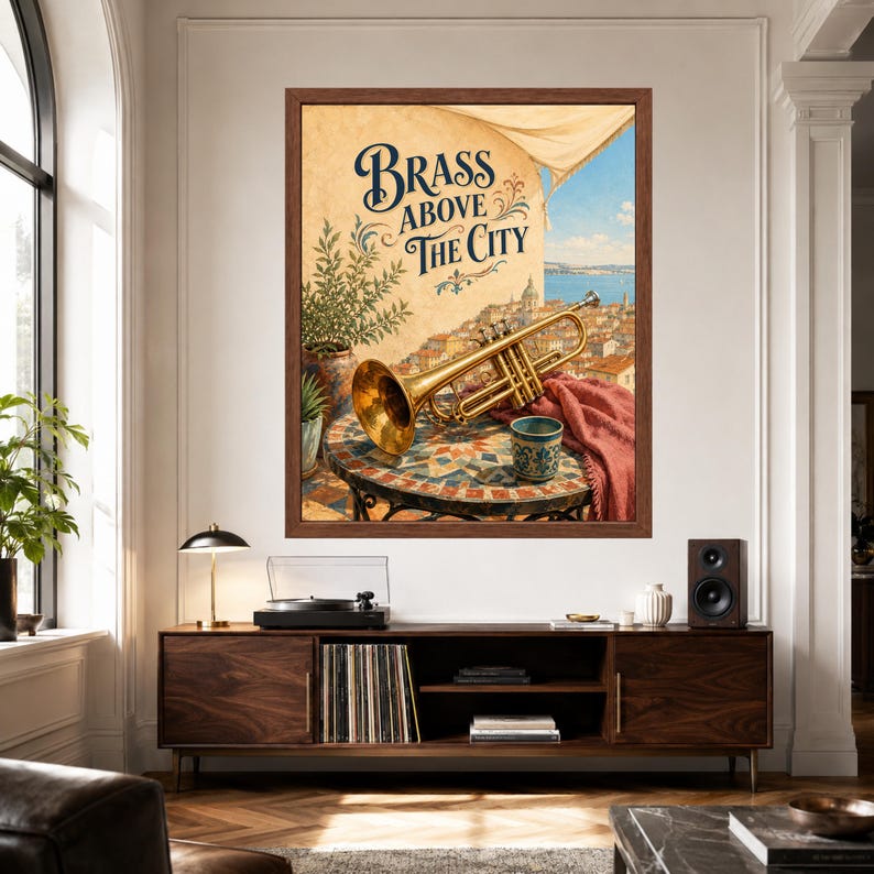 Puede incluir: Una impresi&oacute;n art&iacute;stica enmarcada titulada Brass Above The City, que muestra una trompeta dorada sobre una mesa de mosaico con una planta en maceta y una taza peque&ntilde;a, frente a una vista de una ciudad costera bajo un cielo soleado.