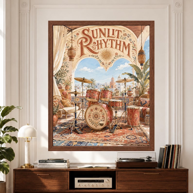 Framed Sunlit Rhythm drum wall art featuring a decorative coral drum set on a bright Mediterranean-inspired terrace with patterned rugs, carved lanterns, tropical plants, arches and a sunny coastal town view.