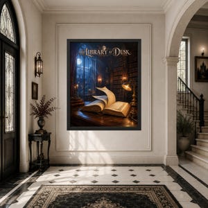 May include: A framed wall art print titled The Library at Dusk, featuring an open book on a wooden desk inside a dark, multi-story library with tall windows, a glowing desk lamp, and towering bookshelves filled with numerous leather-bound books.