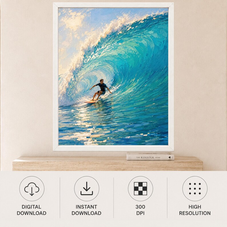 May include: A framed digital art print depicting a surfer riding a large, curling ocean wave. The scene features vibrant shades of blue and turquoise water with white sea foam. The surfer is positioned on a surfboard within the wave's barrel.