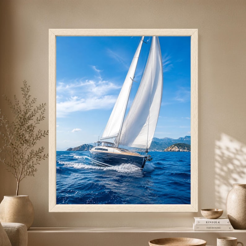 Framed sailing yacht wall art showing a modern white sailboat cutting through deep blue ocean water with full white sails, bright sky and a rocky coastal landscape in the distance.