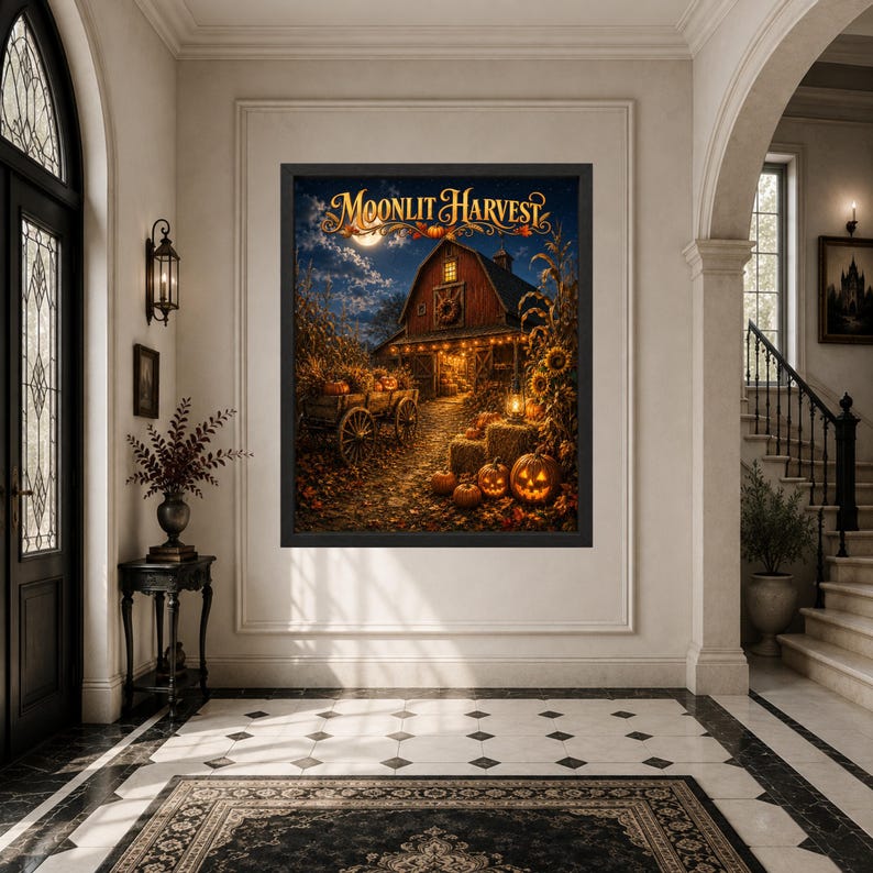 May include: A framed wall art print titled Moonlit Harvest, depicting a rustic red barn at night surrounded by glowing jack-o'-lanterns, hay bales, and a wooden wagon filled with pumpkins under a full moon and a starry, dark blue sky.