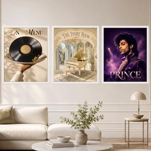 May include: Three framed wall art prints. The left print shows a vinyl record on a silver platter with the text On The Menu. The centre print depicts a white grand piano in a room labelled The Ivory Room. The right print features Prince with the text Prince.