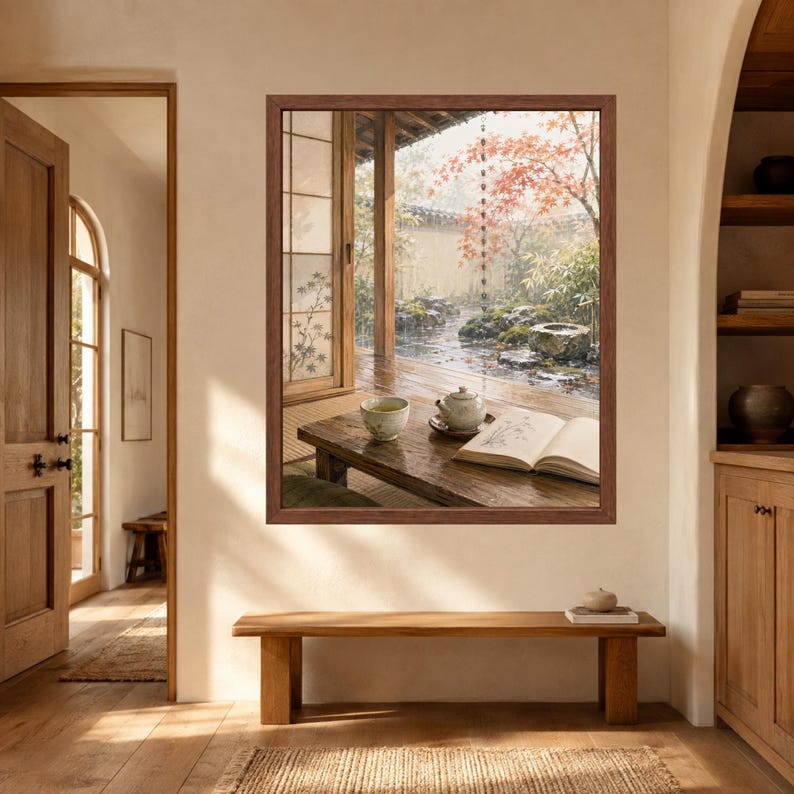 May include: A framed wall art print depicting a rainy Japanese garden scene viewed from a wooden porch. The image features a low wooden table with a ceramic tea cup, a small teapot, and an open book, set against a backdrop of autumn foliage.