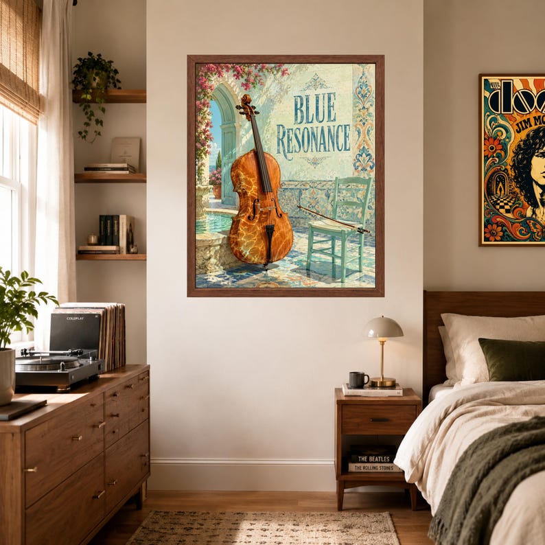 Puede incluir: Una impresi&oacute;n art&iacute;stica enmarcada titulada Blue Resonance que muestra un violonchelo de madera sobre un patio de baldosas junto a una silla azul claro, con un arco sobre el asiento, frente a un arco de piedra, agua y flores.