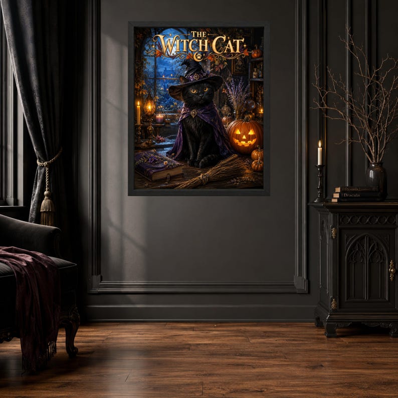 May include: A framed wall art print titled The Witch Cat featuring a black cat wearing a purple witch hat and cape, sitting beside a glowing jack-o'-lantern, a broomstick, and a book, set against a dark blue window background with candles.
