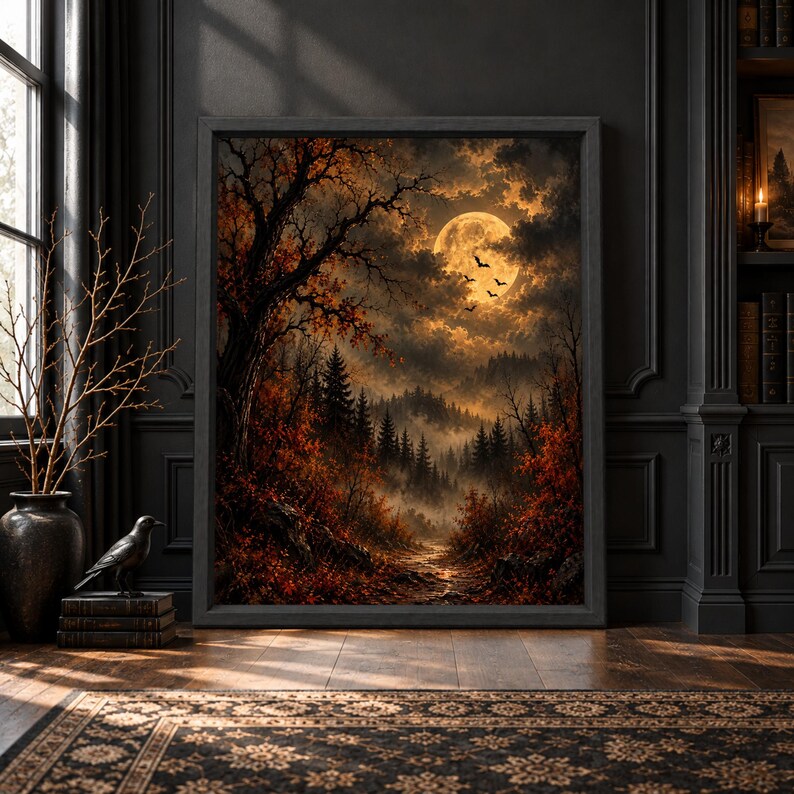 Cuadro decorativo de bosque con luna llena, paisaje otoñal gótico, lámina de murciélago espeluznante de Halloween, descarga digital. imagen 5